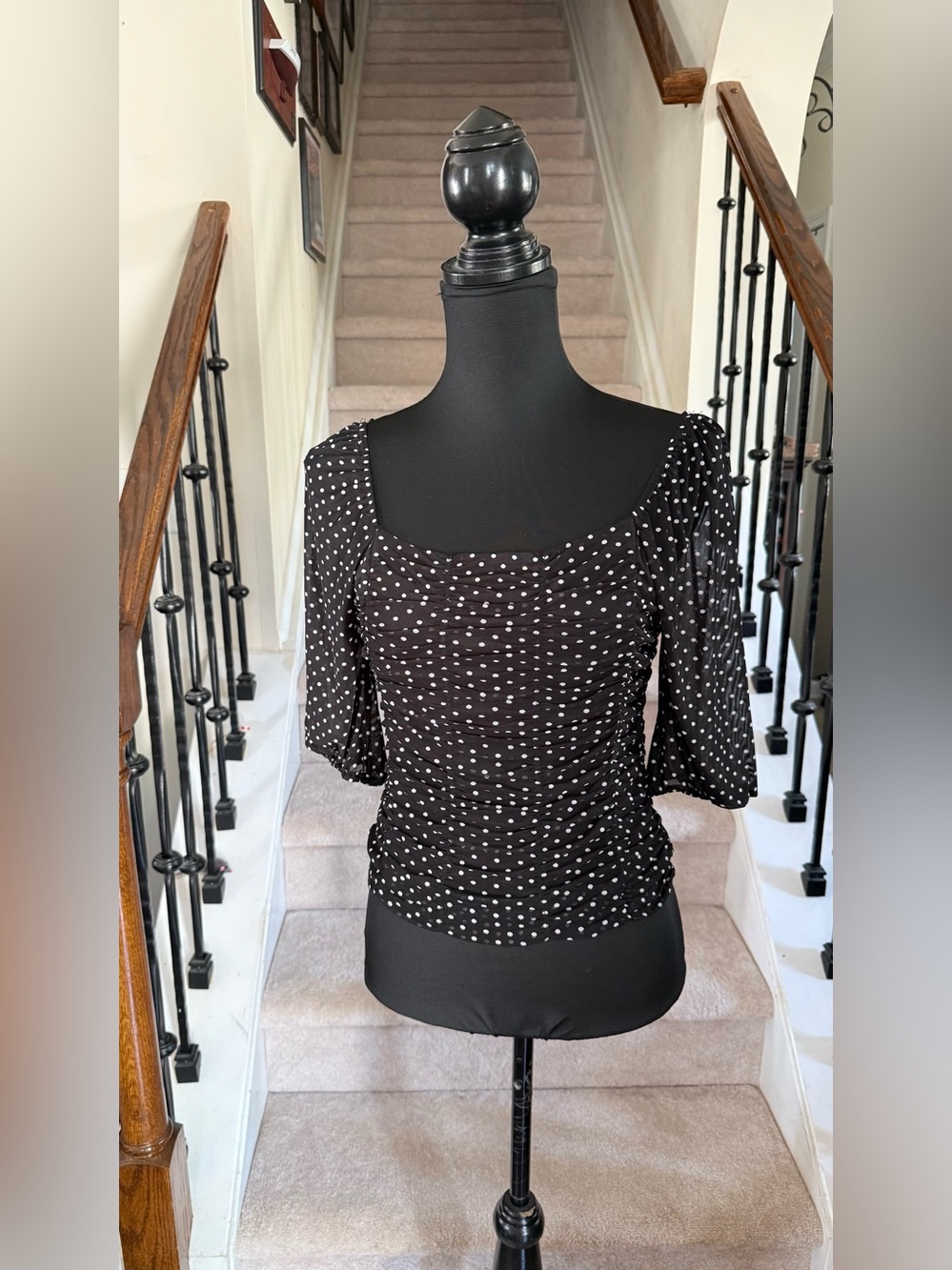 Elodie Black & White Polka Dot Ruched Square-Neck Blouse